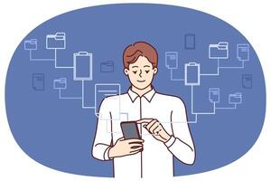 Businessman works with phone managing cloud server and business databases via WIFI vector