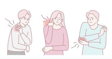 Illustration showcasing the various symptoms associated with shoulder and arm pain in individuals vector