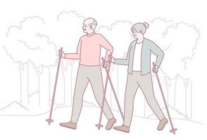 Active Seniors Who Are Enjoying Nature by Using Walking Poles on Their Excursions Outdoors vector
