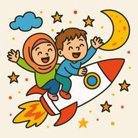 Two joyful children soar through the night sky on a rocket reaching for the moon vector