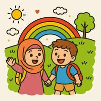 Two happy children holding hands and walking towards a rainbow vector