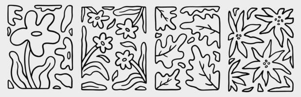 Set of compositions with linear natural elements. Organic, abstract patterns on a light gray background. Curved and irregular shapes resembling plant-like forms. hand-drawn illustration. vector