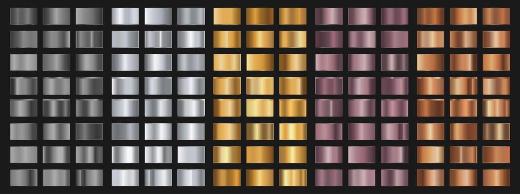Collection of gold, silver, bronze, chrome and rose gold gradients. Brilliant plates with metallic effect. illustration