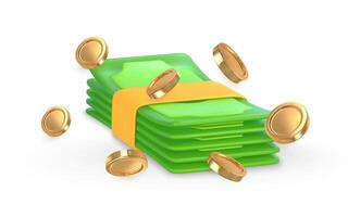 3d green dollar and coin in cartoon style. Business and finance object for banner design. vector
