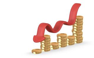 3d Stacks of gold coins with red down arrow. Business or startup success. illustration vector