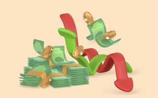 3d green stack money with green up and red down arrow. Falling gold coin and twisted money. illustration vector