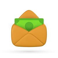 3d open envelope with green banknotes in cartoon style. Financial investment concept. illustration vector