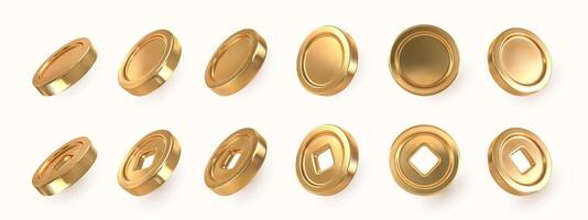 Set of realistic of gold coins and Ancient old gold coins of China, with square hole. illustration vector