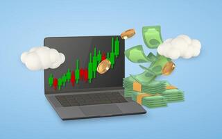3d stock online trading with laptop, investment graph and flying stack of money in cartoon style. illustration vector