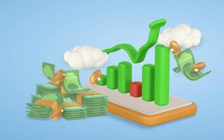 3d green stack of money with green up arrow. Falling gold coin and twisted money. illustration vector