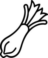 Illustration of a leek with green leaves and a white bulb outlined in black on a white background vector