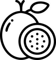 Outline drawing of a whole passion fruit with a stem and leaf and a passion fruit slice with seeds vector
