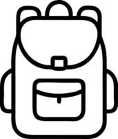 Simple line drawing of a backpack with a flap closure and a small front pocket in black outline style vector