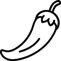 Illustration of a single chili pepper with a stem and a curved shape in a simple black outline style vector