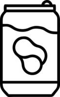 Outline drawing of a beverage can with a wavy liquid line and a bean shaped logo in the center front vector
