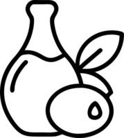 Illustration of a bottle with liquid next to an olive and a leaf in black outline style drawing vector