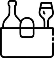 Outline drawing of a wine bottle and glass inside a carrier with a handle on a white background space vector