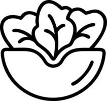 A simplistic line drawing depicting a bowl filled with leafy greens, presented in black and white outline vector