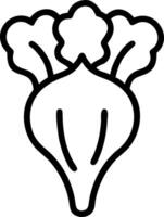 Outline drawing of a turnip with leaves and root, isolated on white background, simple and minimalist vector