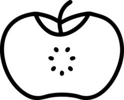 Outline drawing of an apple with a stem and leaves and seed core shown with small dots inside fruit vector