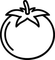 Illustration of a single tomato with leaves in a simple black outline on a white background design vector