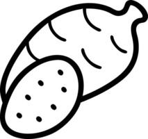 Outline drawing of a whole yam with curved lines and a sliced yam with black spots on it shown vector