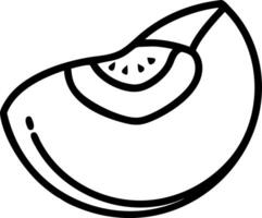 A simple line drawing of a peach slice with visible pit and a small drop like marking on the side area vector