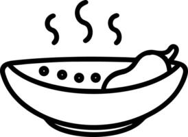 Bowl of soup with visible steam and a pear like fruit in it in a simple black outline art vector