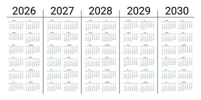 Five Year Calendar 2026 to 2030 with Simple Minimal Layout, Clean Design, Full Year Overview for Long-Term Planning, Business, and Personal Organization. Easy to Read Grid. Illustration vector