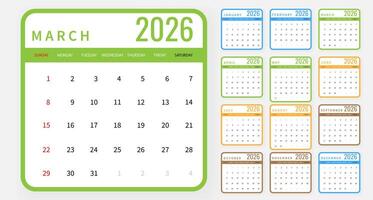 Colorful 2026 Calendar Template with Rounded Corners and Clean Minimalist Design, Ideal for Office, Business, Corporate Planning and Personal Organization. Fully Editable Illustration vector
