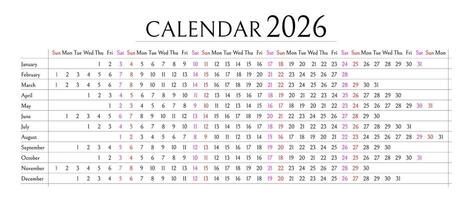 Simple 2026 Year Calendar Template with Clean Grid Layout for Planning, Business, Office, and Personal Organization. Minimal Design with Weekdays and Months. Illustration vector