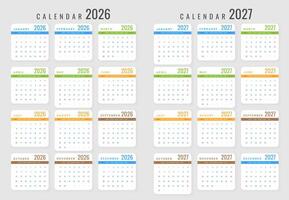Colorful 2026 and 2027 Calendar Template with Modern Design, Clean Layout, Perfect for Business, Personal Planning, and Print Use. Organized Monthly Grid. Editable Illustration vector