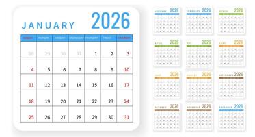 Colorful 2026 Calendar Template with Simple Monthly Layout, Organized Grid, and Modern Bright Design for Business, Personal, and Office Planning. Clean Minimal Look. Illustration vector