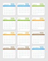 Modern 2026 Calendar Template with Colorful Monthly Design, Clean Layout, Perfect for Business Planning, Office Use, and Personal Organization. Minimalist Editable Illustration vector