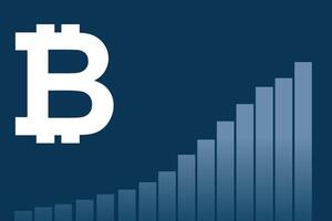 Bold Bitcoin symbol with an upward bar chart on a dark blue background, symbolizing the growth of the cryptocurrency. Ideal for finance-themed visuals, crypto marketing, and investing. vector