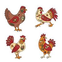Set of colorful ornamental roosters in traditional Mexican alebrije folk art style with intricate patterns and vibrant colors vector