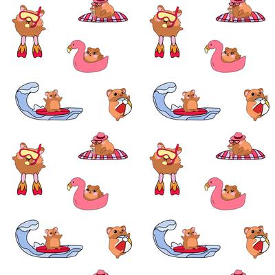 Seamless pattern with cute hamsters enjoying a fun summer vacation at the beach