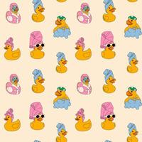 Seamless pattern with rubber ducks enjoying a spa day, featuring scenes with towels, shower caps, bubbles, and calm expressions. vector