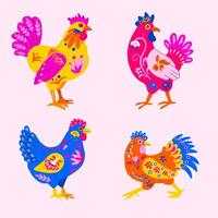Decorative Alebrije Roosters with Bold Folk Art Patterns vector