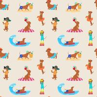 Seamless pattern with cute cartoon dachshunds enjoying summer on the beach vector