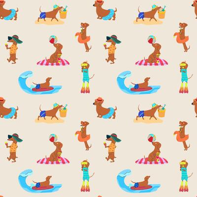 Seamless pattern with cute cartoon dachshunds enjoying summer on the beach