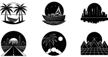A set of six black and white icons of different scenes vector