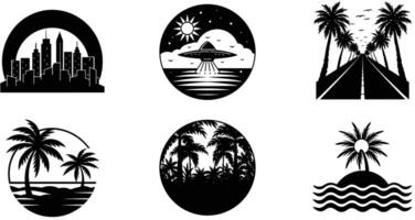 Set of icons of palm trees, city, and ufo vector