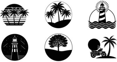 A set of six black and white logos with palm trees and a lighthouse vector