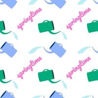 Seamless pattern featuring blue and green watering cans, water splashes, and pink - Springtime - text on white background. Perfect for spring and gardening designs, wallpaper, wrapping and gift paper. vector
