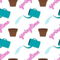 Cute seamless pattern featuring watering cans, water, flower pots, and - springtime - text on a white background. Perfect for spring and gardening designs, and wallpaper, wrapping paper and gift box. vector