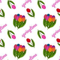 Vibrant floral seamless pattern featuring 3D spring flowers - colourful tulip bouquets and - springtime - text on a white background. Perfect for spring designs, wallpaper, wrapping paper and gift box vector