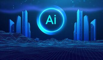 Future city smart tech building background abstract AI technology concept. Neon digital skyline architecture hologram design cyberpunk grid. Investment network system infrastructure energy globe. vector