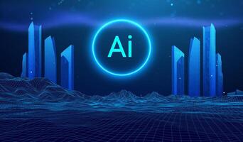 Smart City Building Background Future Tech Abstract AI Technology Concept. Neon Digital Architecture Network Design. Futuristic Cyber 3D Metaverse Urban Landscape. vector