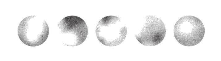 Grain noise dot sphere with gradient spray pattern background . Abstract brush round dissolve effect with grainy sand and ink. Sun white black stipple planet fade with halftone shadow ring. vector